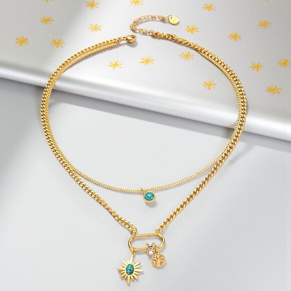🆕️18K Gold Plated Turquoise Layered Necklace with Charms Sparkling Zirconia - Picture 4 of 10